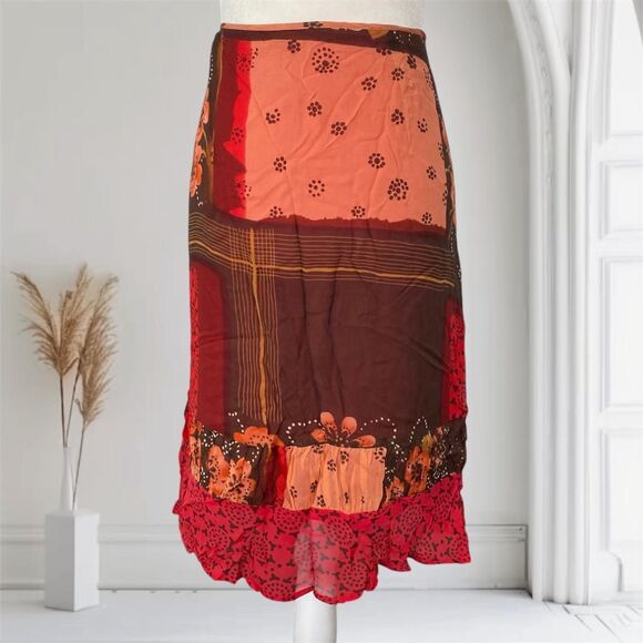 Orange Brown Red Fairy Floral Patchwork Silk Midi Skirt Plus Size 18 W - Picture 1 of 6